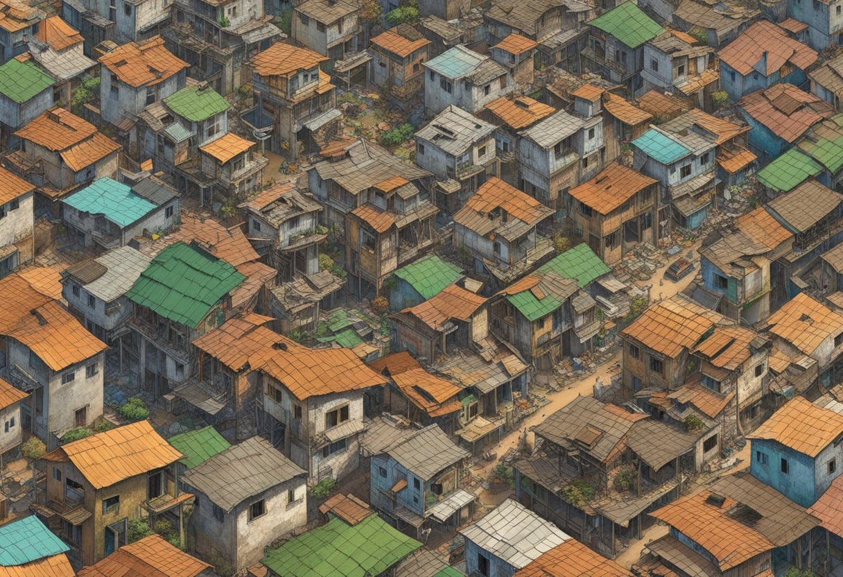 Aerial view of a dilapidated city with crumbling infrastructure and impoverished neighborhoods, representing the 100 worst HDI rankings in Brazil