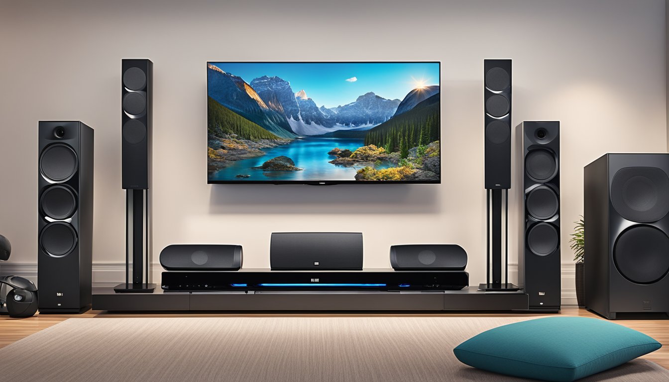 A sleek JBL 5.1 soundbar sits atop a modern entertainment center, surrounded by a large flat-screen TV, a gaming console, and a collection of Blu-ray discs