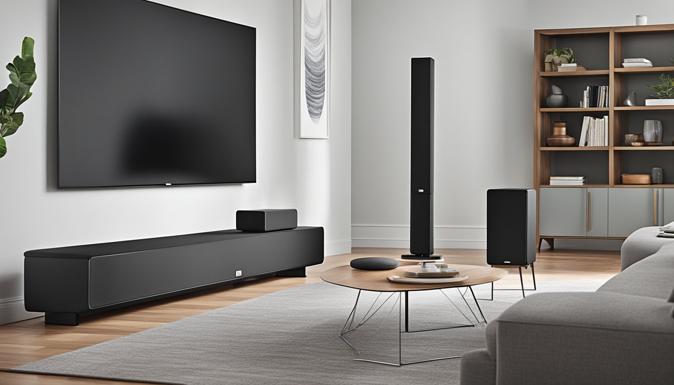 A sleek JBL 5.1 soundbar sits on a modern entertainment center, surrounded by high-quality speakers. The soundbar features advanced technology for immersive, theater-quality sound