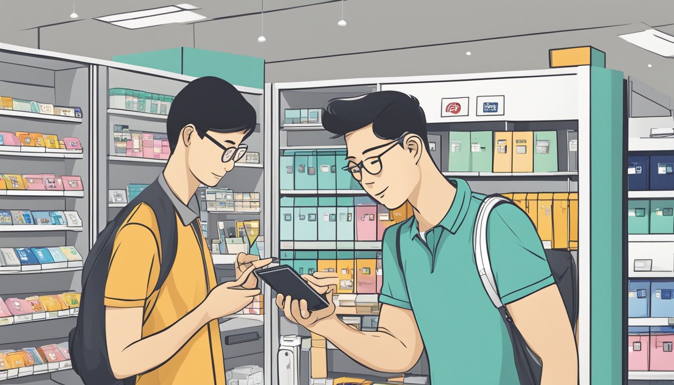 A customer inserting a SIM card into a phone in a Singaporean store