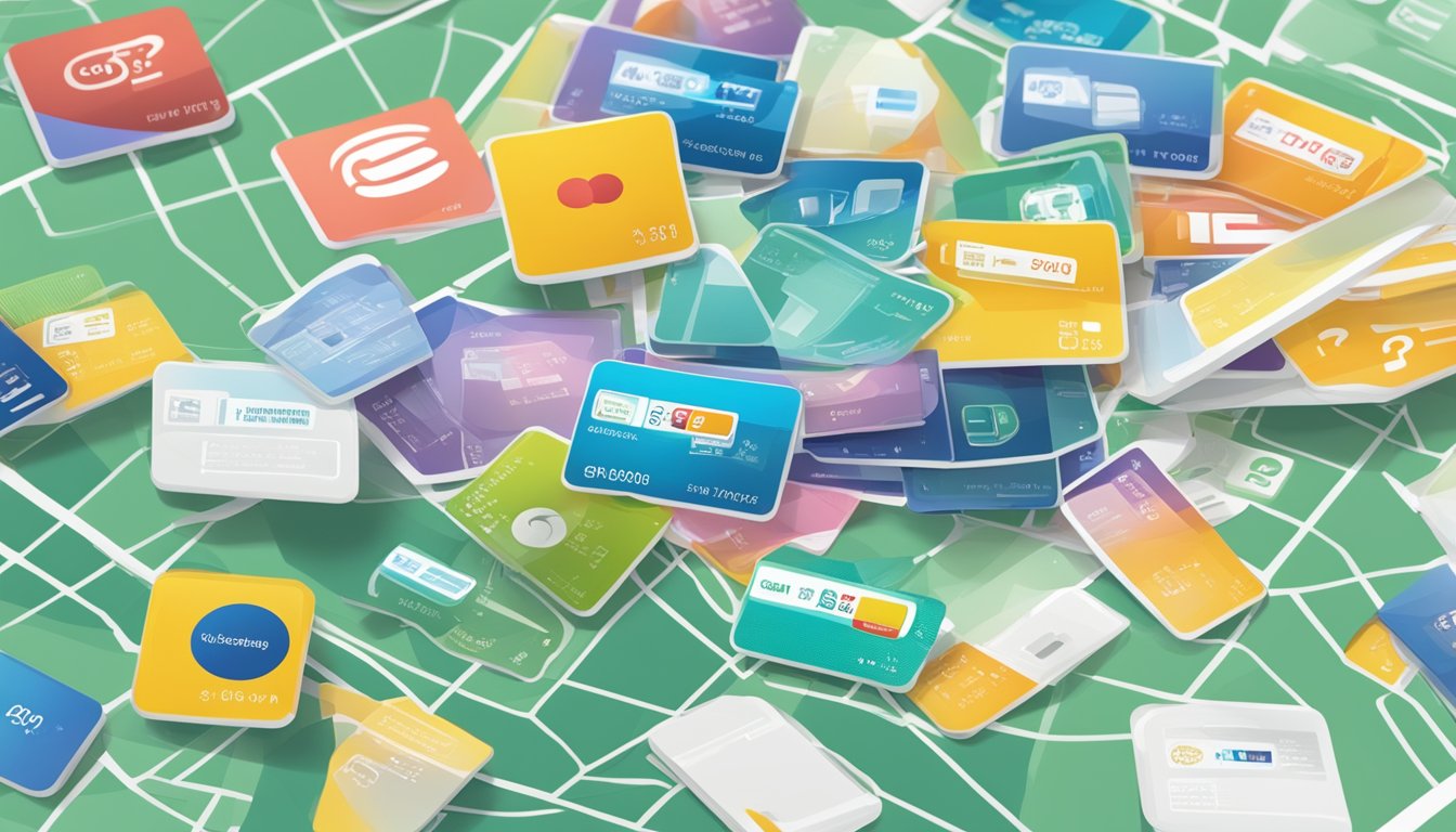 A display of various SIM cards with labels, surrounded by a map of Singapore and a list of frequently asked questions