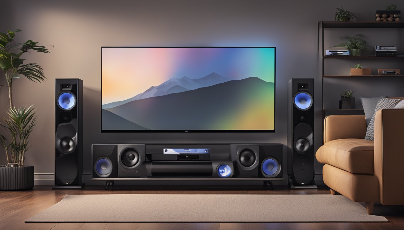 A sleek JBL 5.1 soundbar sits on a modern entertainment center, surrounded by various audio and video cables. The room is dimly lit, with a cozy atmosphere