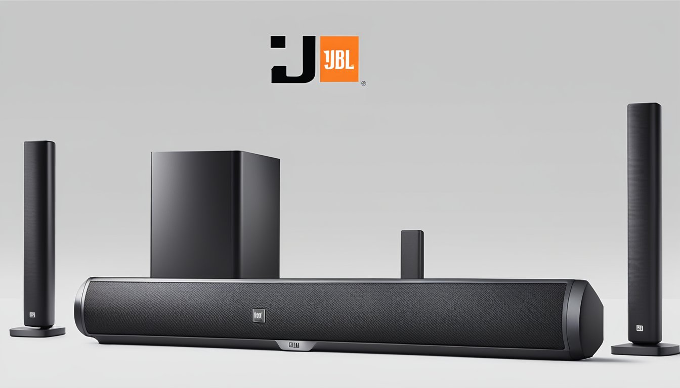 The JBL 5.1 soundbar sits on a sleek black stand, surrounded by various electronic devices. The Best Buy logo is prominently displayed in the background