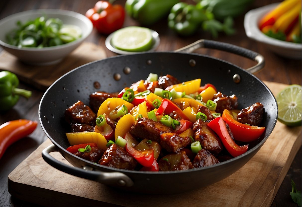 A sizzling wok with caramelized pork ribs in a tangy sweet and sour sauce, surrounded by colorful bell peppers, pineapple chunks, and garnished with green onions