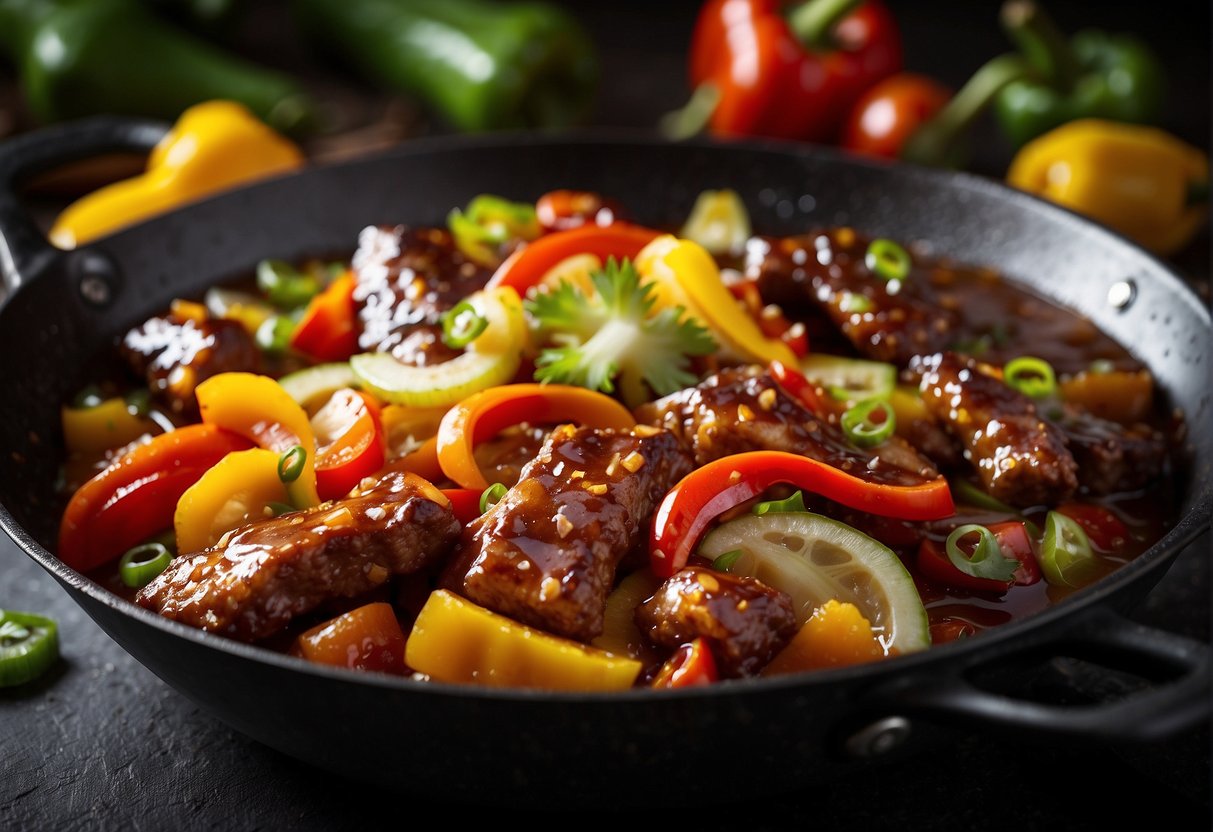 Sizzling pork ribs in a bubbling sweet and sour sauce, surrounded by vibrant bell peppers, onions, and pineapple chunks in a sizzling wok
