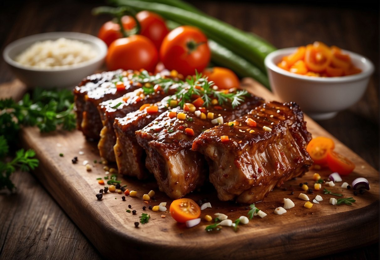 Pork ribs marinated in sweet and sour sauce, surrounded by chopped vegetables and spices on a cutting board