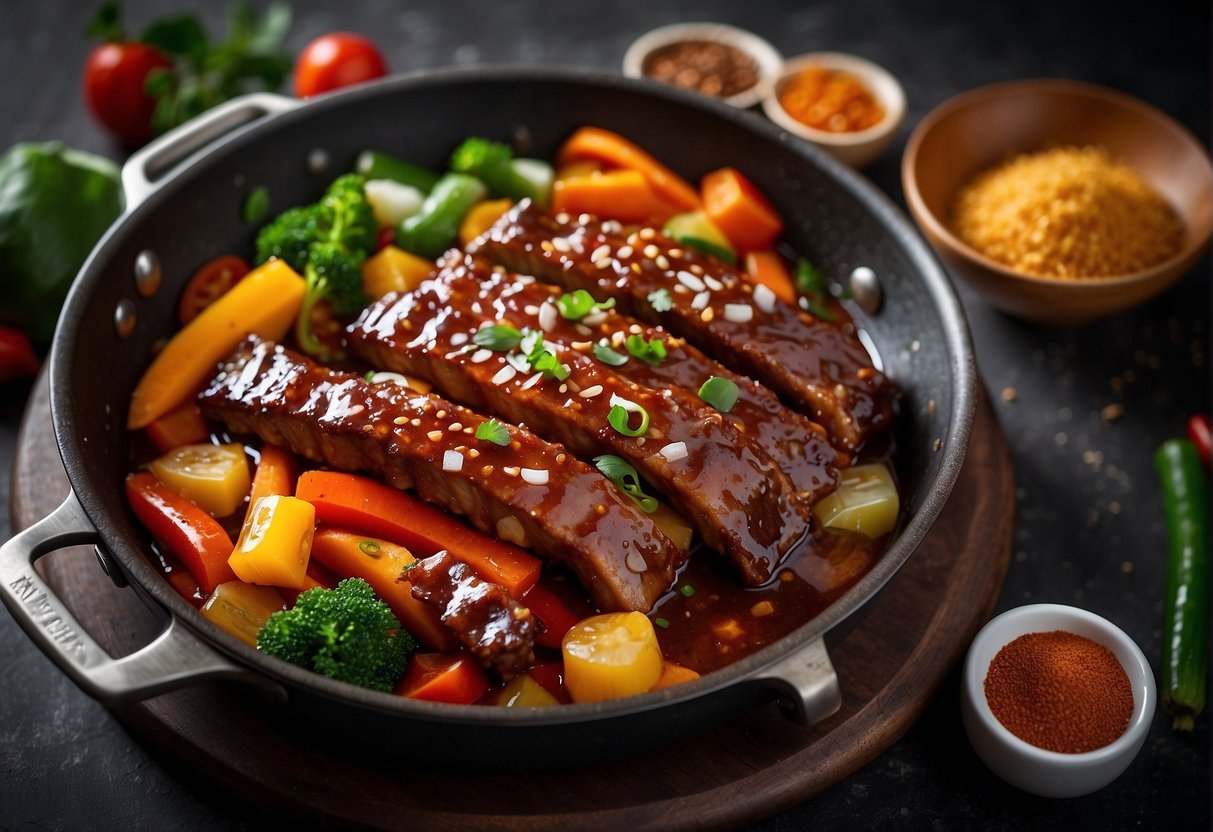 Pork ribs sizzling in a wok with sweet and sour sauce, surrounded by colorful vegetables and aromatic spices