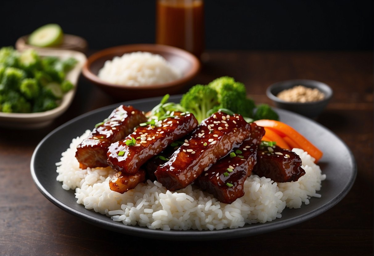 A plate of sweet and sour pork ribs with steamed rice, stir-fried vegetables, and a garnish of sliced green onions and sesame seeds