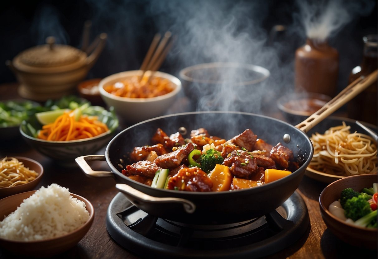 A wok sizzles as pork ribs are coated in a sticky sweet and sour sauce, surrounded by traditional Chinese ingredients and cooking utensils