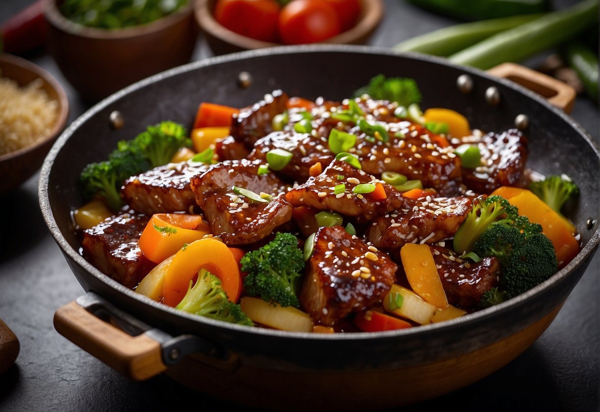 A sizzling wok with tender pork ribs, caramelized in a sticky sweet and sour sauce, surrounded by vibrant vegetables and aromatic spices