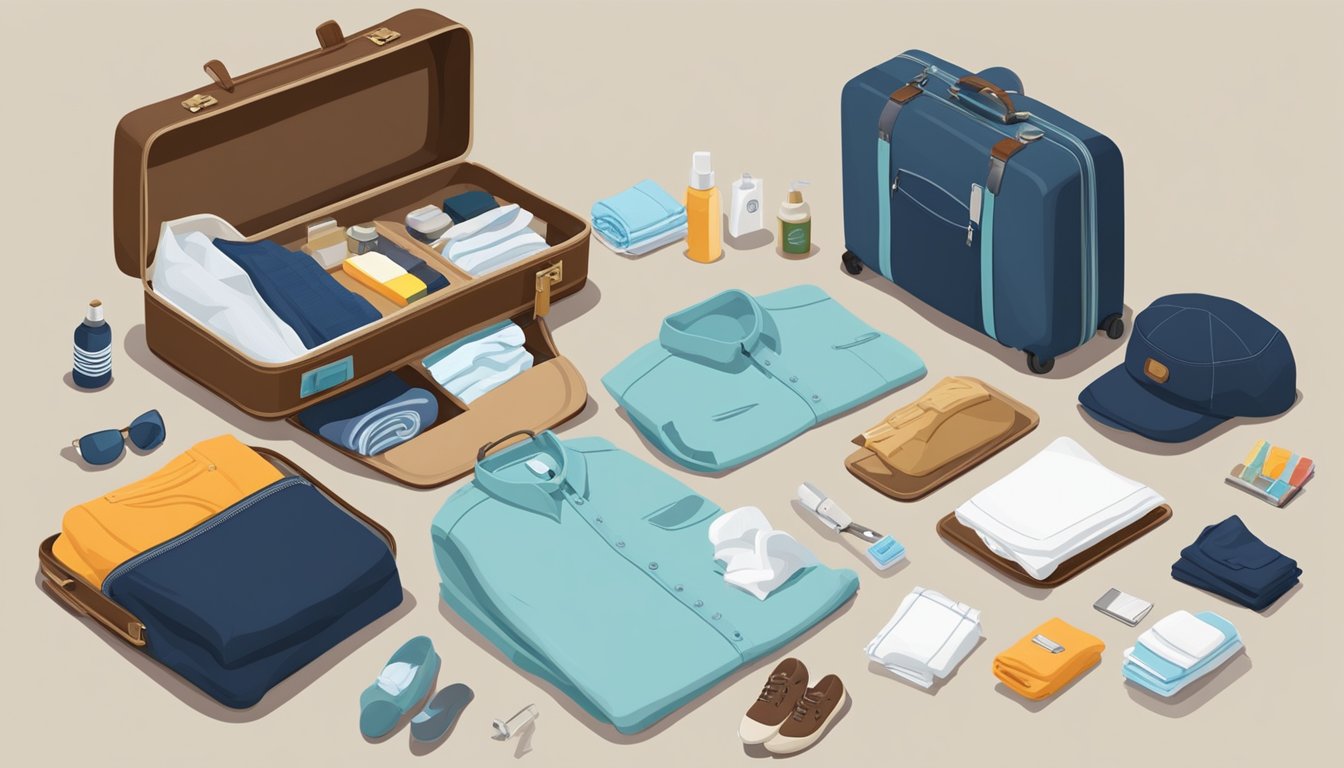 A table with neatly folded clothes, toiletries, and travel essentials. A suitcase open with items neatly organized inside. A checklist pinned to the wall