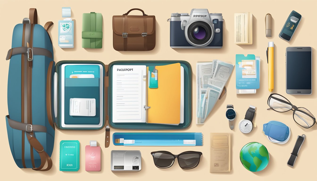 A table with neatly organized travel essentials: passport, tickets, toiletries, clothes, camera, and a guidebook