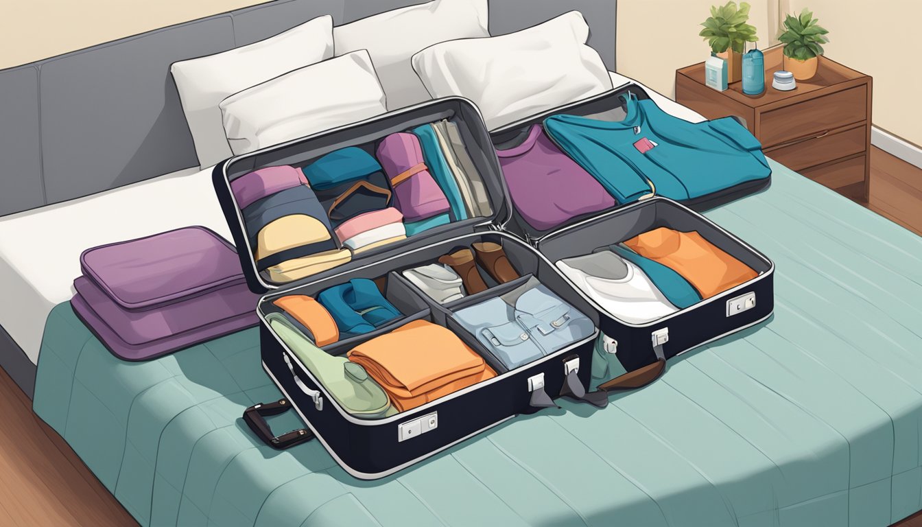 A suitcase open on a bed, filled with neatly folded clothing and accessories. Shoes and toiletries are organized alongside the clothes