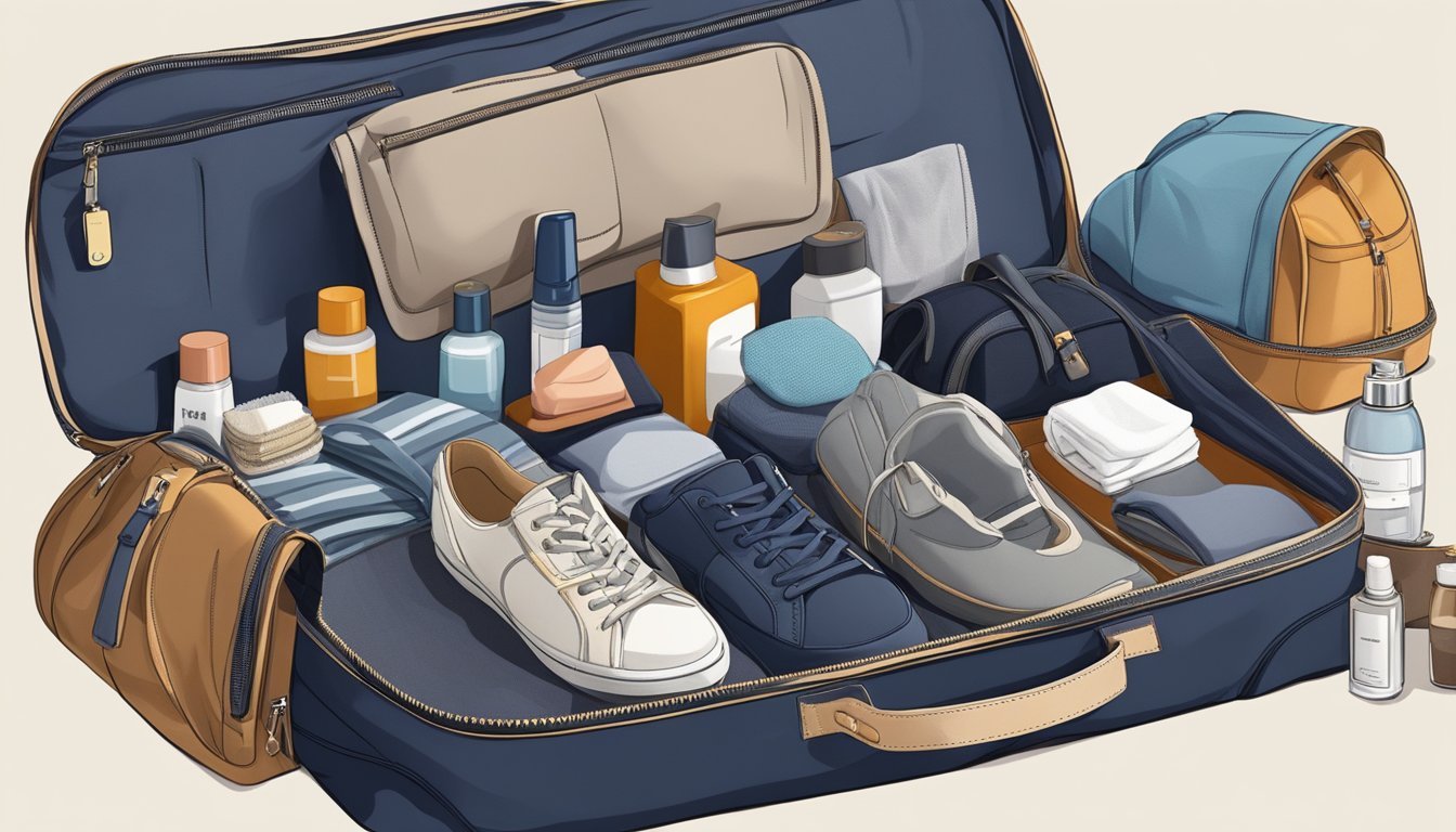 A travel bag open on a bed, with toiletries and personal items neatly organized inside. Clothes and shoes are visible in the background