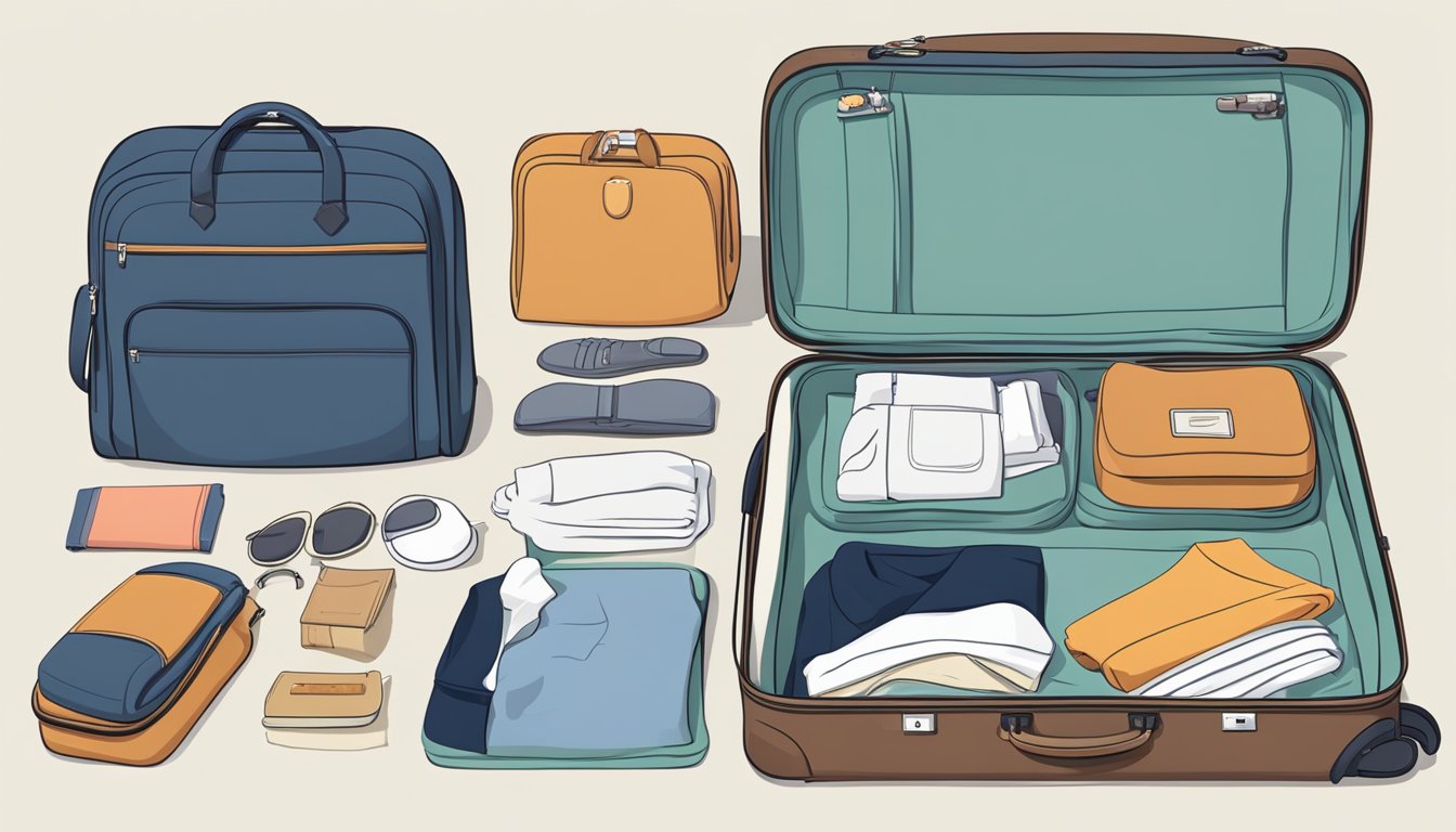 A suitcase open on a bed, filled with neatly folded clothes, toiletries, and travel essentials. A checklist with ticked items sits next to the suitcase