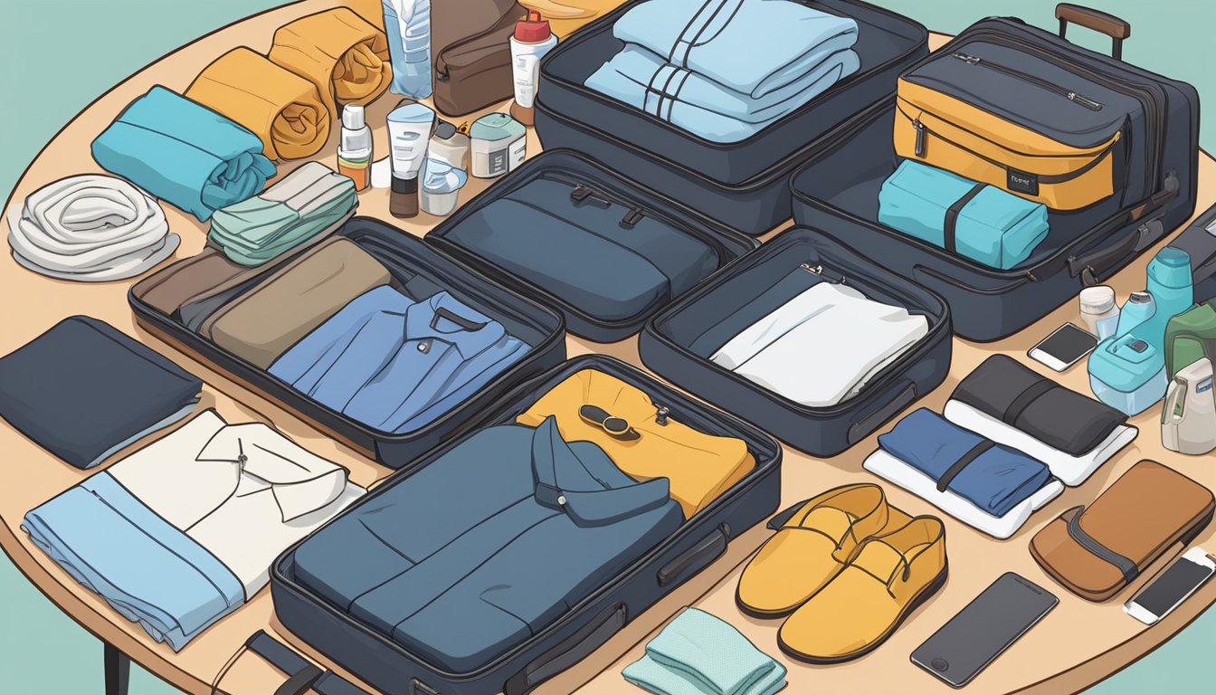 A neatly organized suitcase with folded clothes, toiletries, and travel essentials laid out on a table next to it