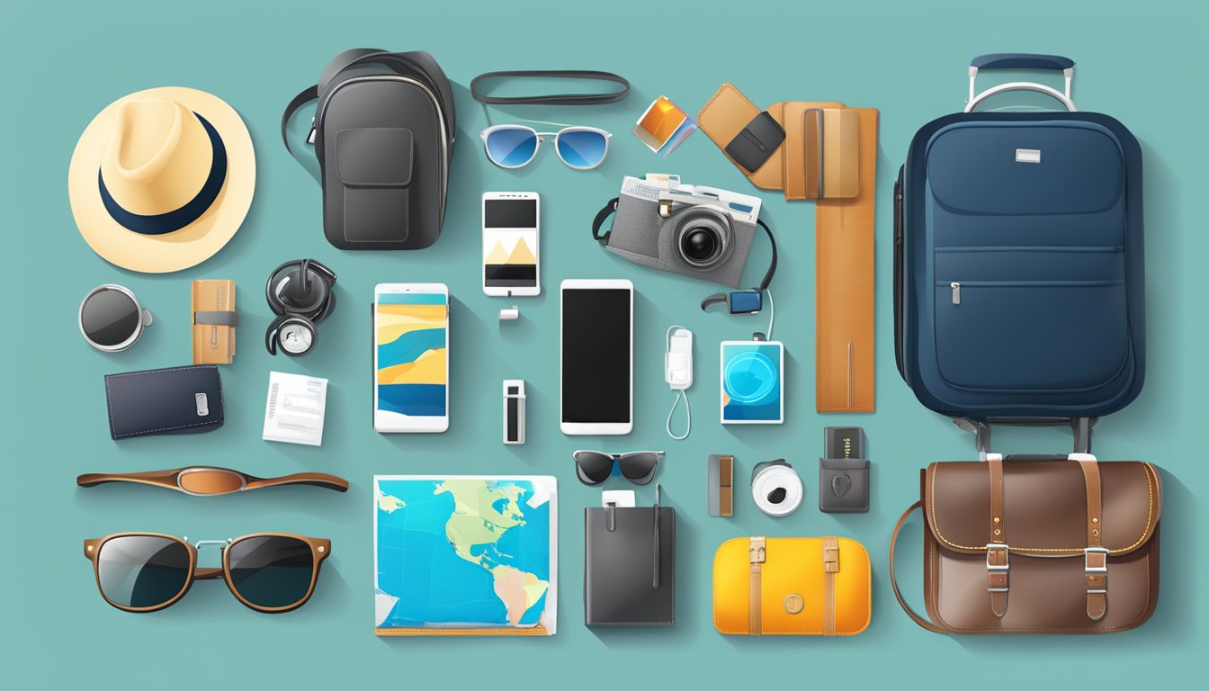 A table with a variety of travel essentials: passport, camera, phone, charger, headphones, sunglasses, sunscreen, map, wallet, and a packed suitcase