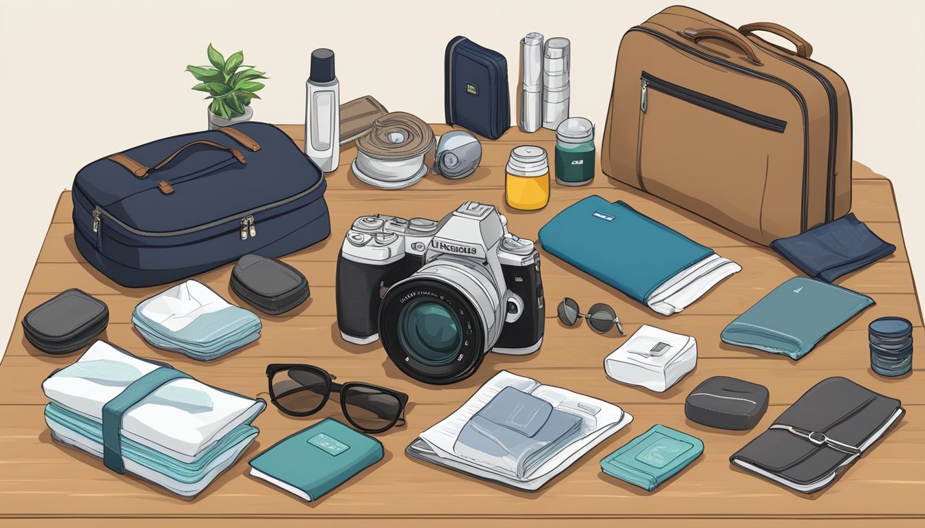 A table with neatly organized travel essentials: clothes, toiletries, passport, and a camera. Luggage sits nearby, ready to be packed