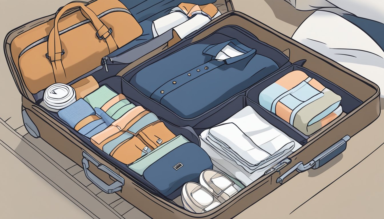 A suitcase open with neatly folded clothes, toiletries, and travel essentials laid out on a bed. A checklist with items ticked off sits next to the packed items