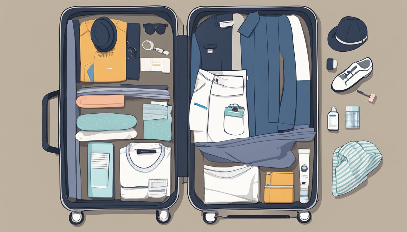A suitcase open on a bed, filled with neatly folded clothes, toiletries, and travel essentials. A checklist with tick marks next to each item