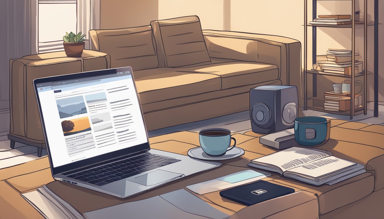 A laptop sits open on a cozy couch, surrounded by a stack of audiobooks and a cup of coffee. A website displaying various offers for purchasing audiobooks is visible on the screen