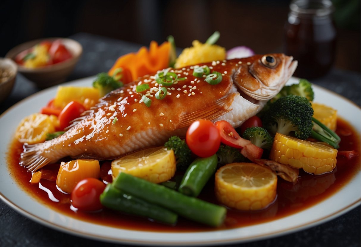 A whole fish coated in sweet and sour sauce, surrounded by colorful vegetables and served on a traditional Chinese plate