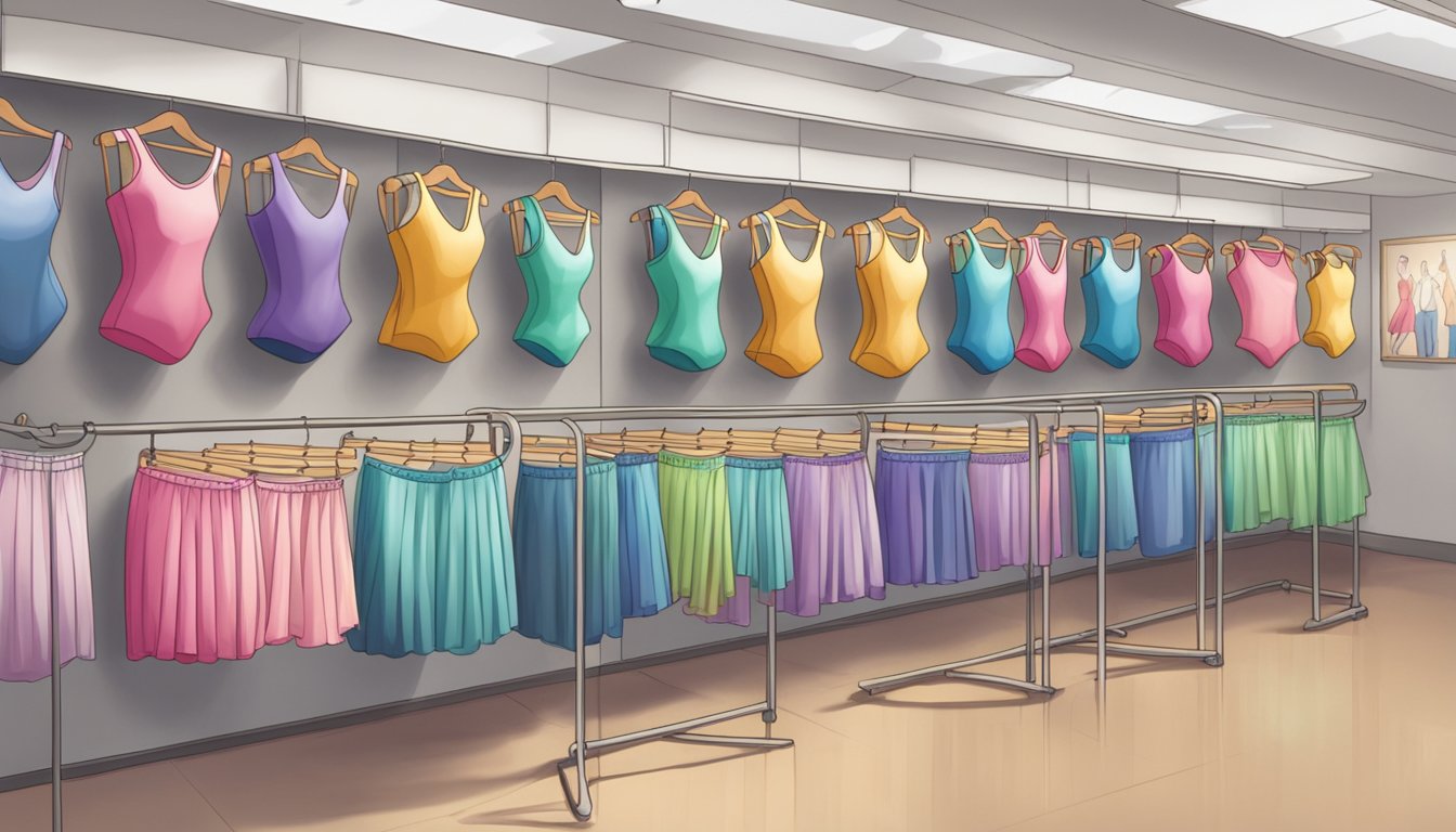 A ballet studio with rows of colorful leotards on display, a sign indicating "Ballet Leotards for Sale" in Singapore