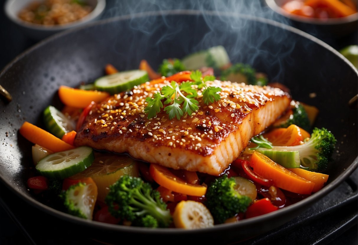 A sizzling wok cooks a crispy fish fillet, coated in a glossy sweet and sour sauce. Surrounding it are vibrant vegetables and aromatic herbs, evoking the flavors of traditional Chinese cuisine