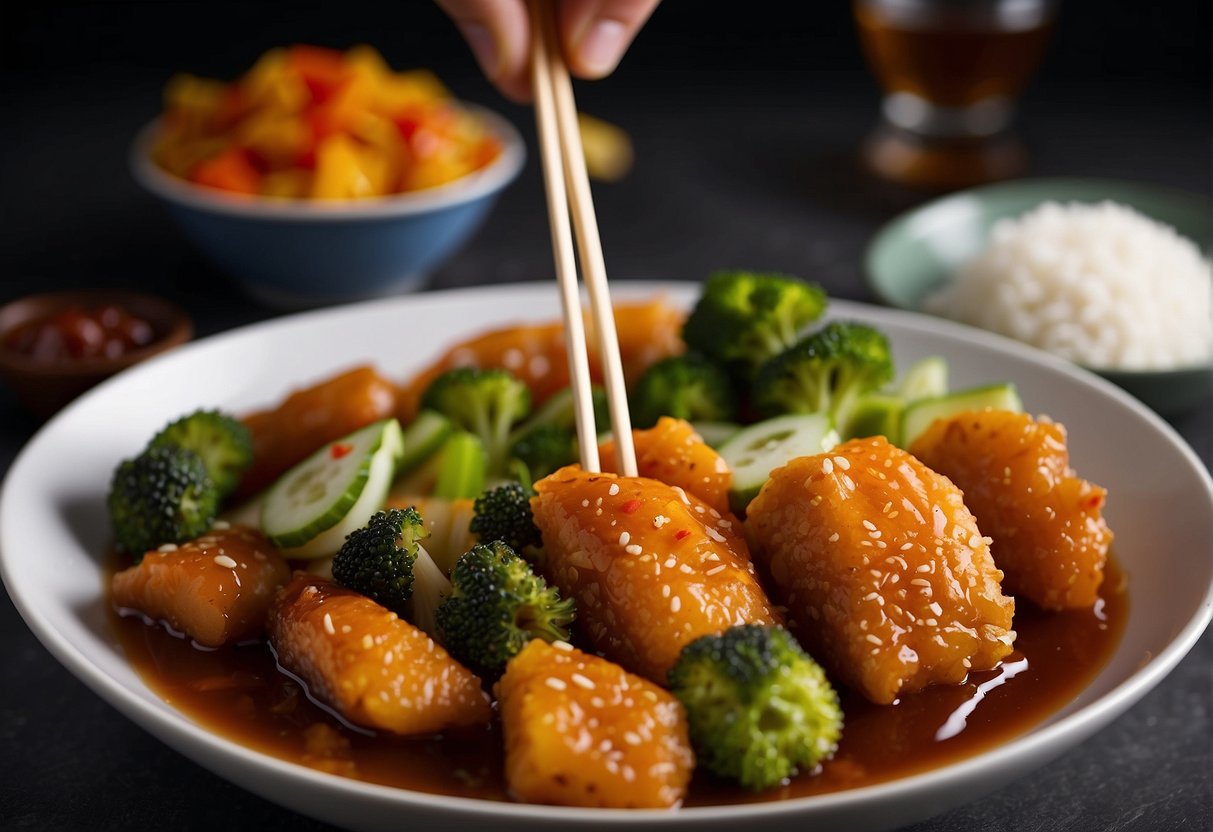 A hand dips a piece of crispy fish into a bowl of sweet and sour sauce, with chopsticks and a plate of vegetables in the background