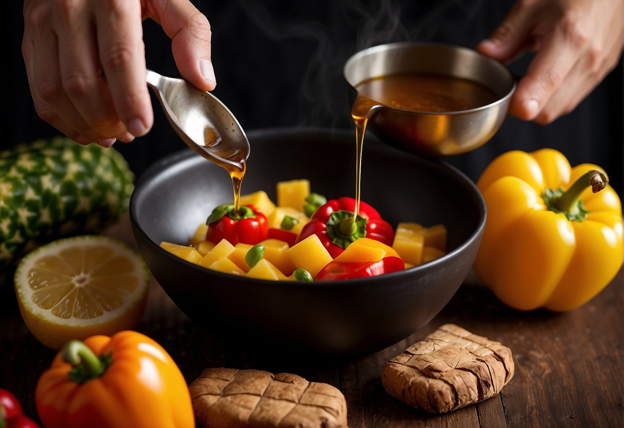 A hand pours soy sauce into a pot of simmering sugar, vinegar, and ginger. Red and yellow bell peppers and pineapple chunks wait nearby