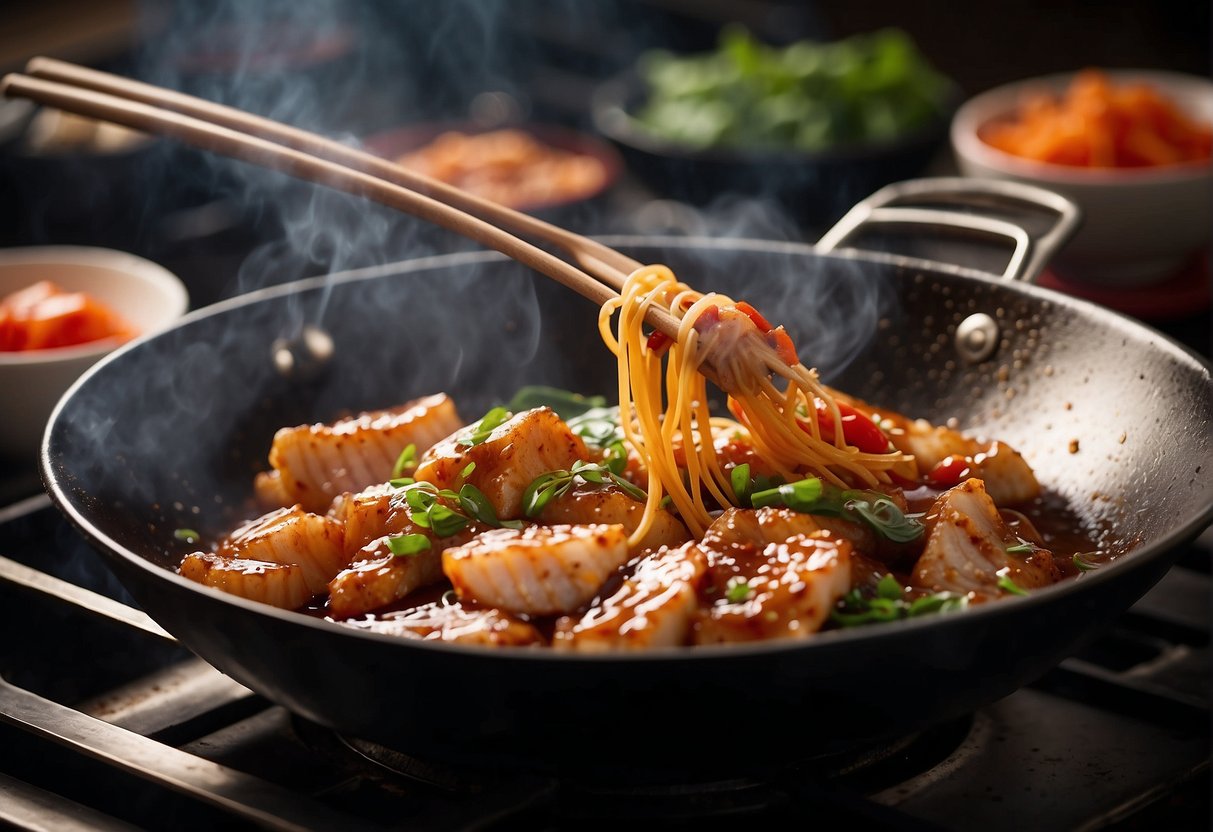 A wok sizzles as sweet and sour sauce coats a whole fish. Ginger, garlic, and soy sauce add depth to the Chinese-style dish