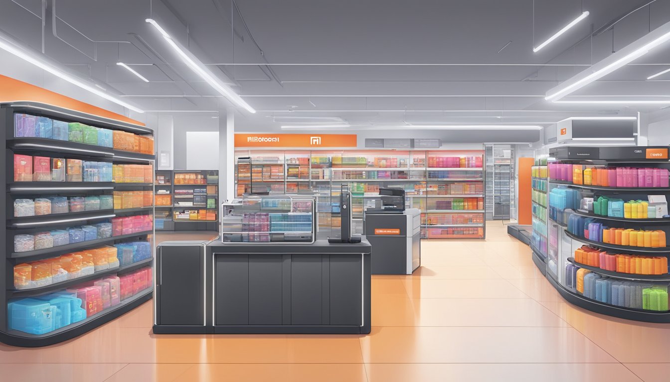 A bustling electronics store in Singapore showcases the latest Xiaomi Roborock vacuum. Shelves are neatly stocked with the popular product, and a bright display catches the eye of passing customers