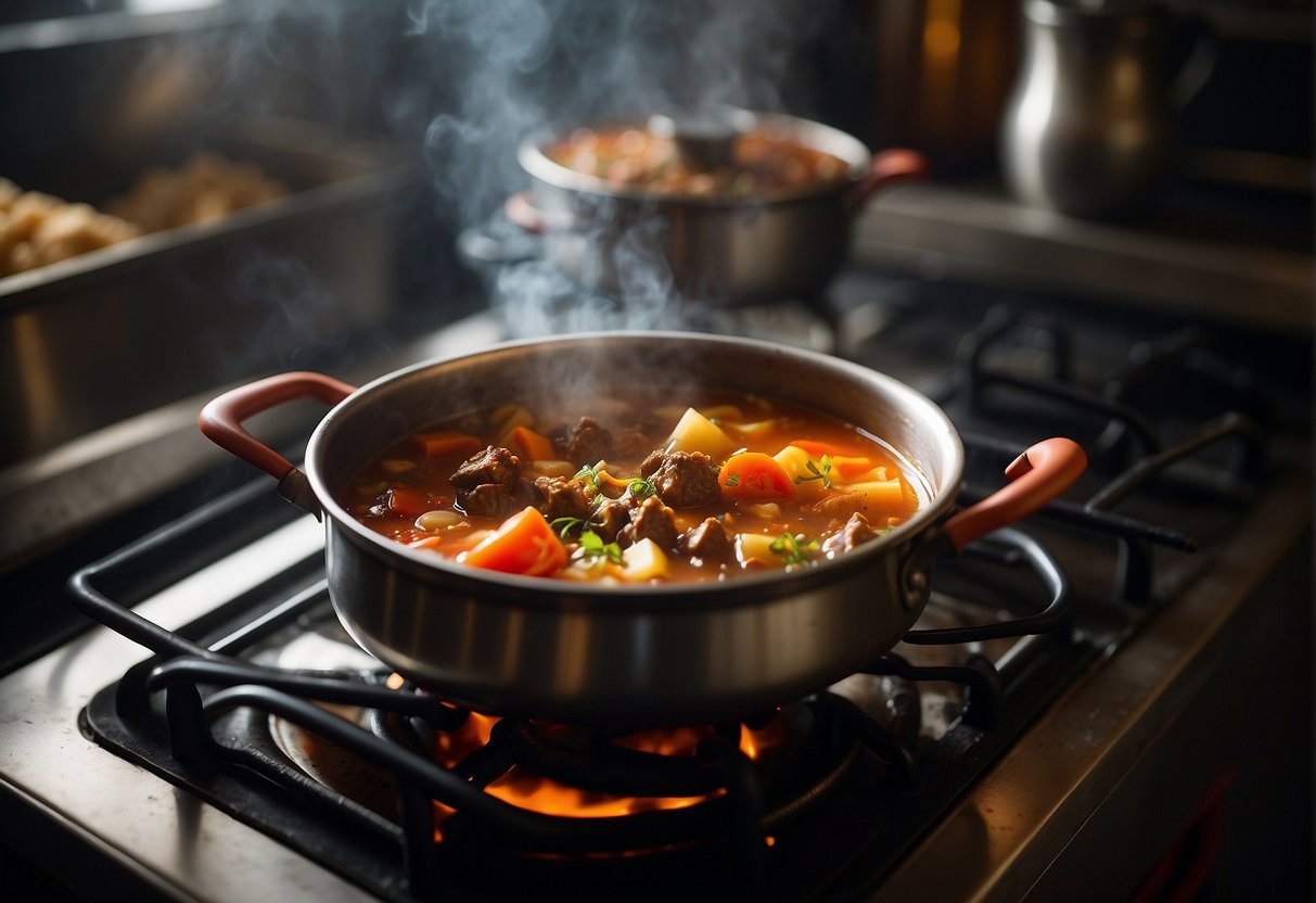 A large pot simmers on a stove, filled with oxtails, tomatoes, and aromatic spices. Steam rises as the rich broth bubbles, evoking the history and tradition of Chinese oxtail soup