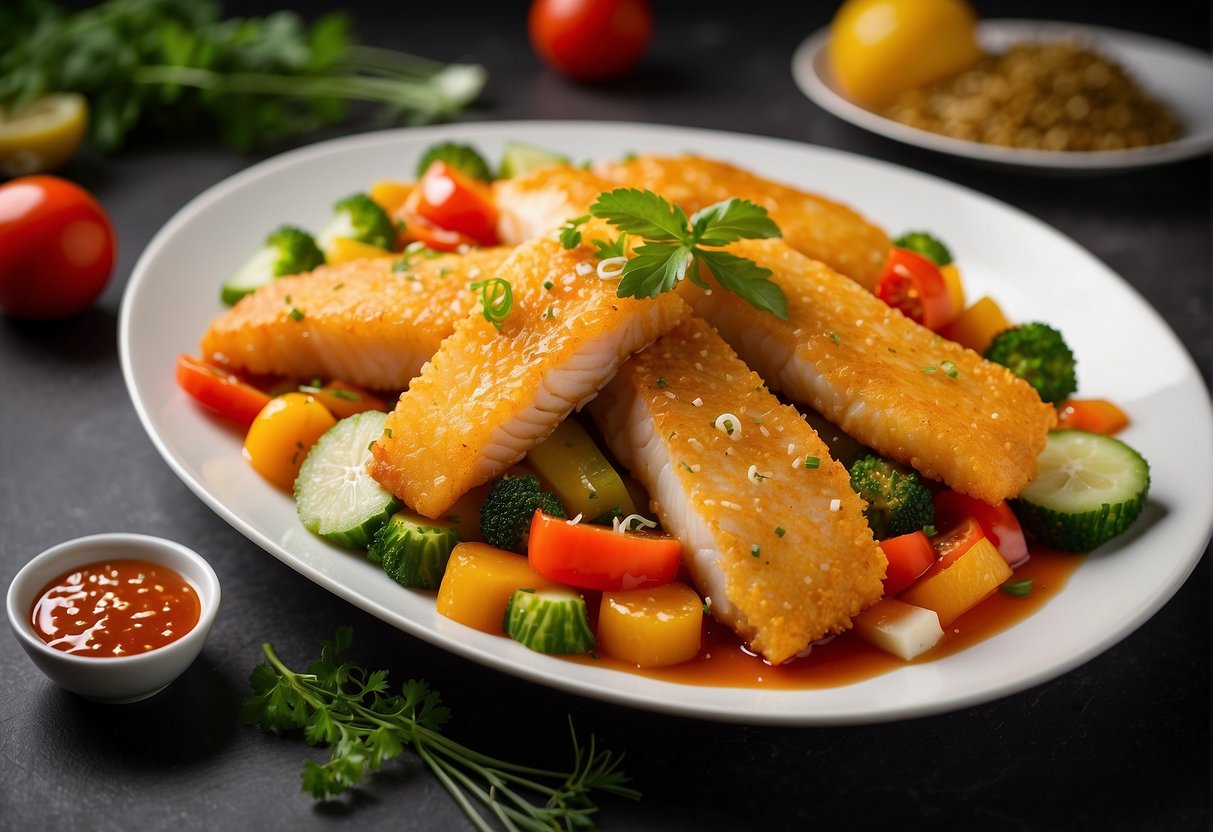 A platter of golden-fried fish fillets drizzled with vibrant sweet and sour sauce, surrounded by colorful stir-fried vegetables and garnished with fresh herbs