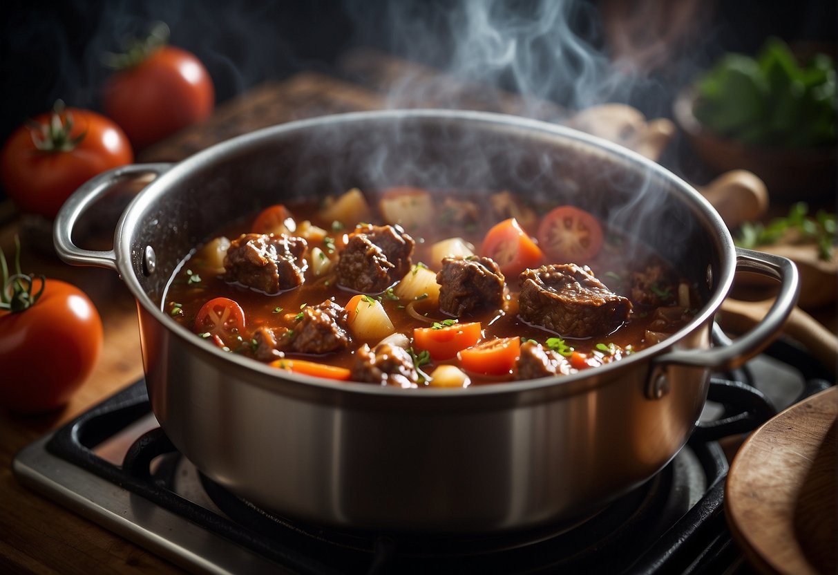 A pot simmering on a stove, filled with oxtail, tomatoes, onions, and spices. A wooden spoon stirs the rich, savory broth