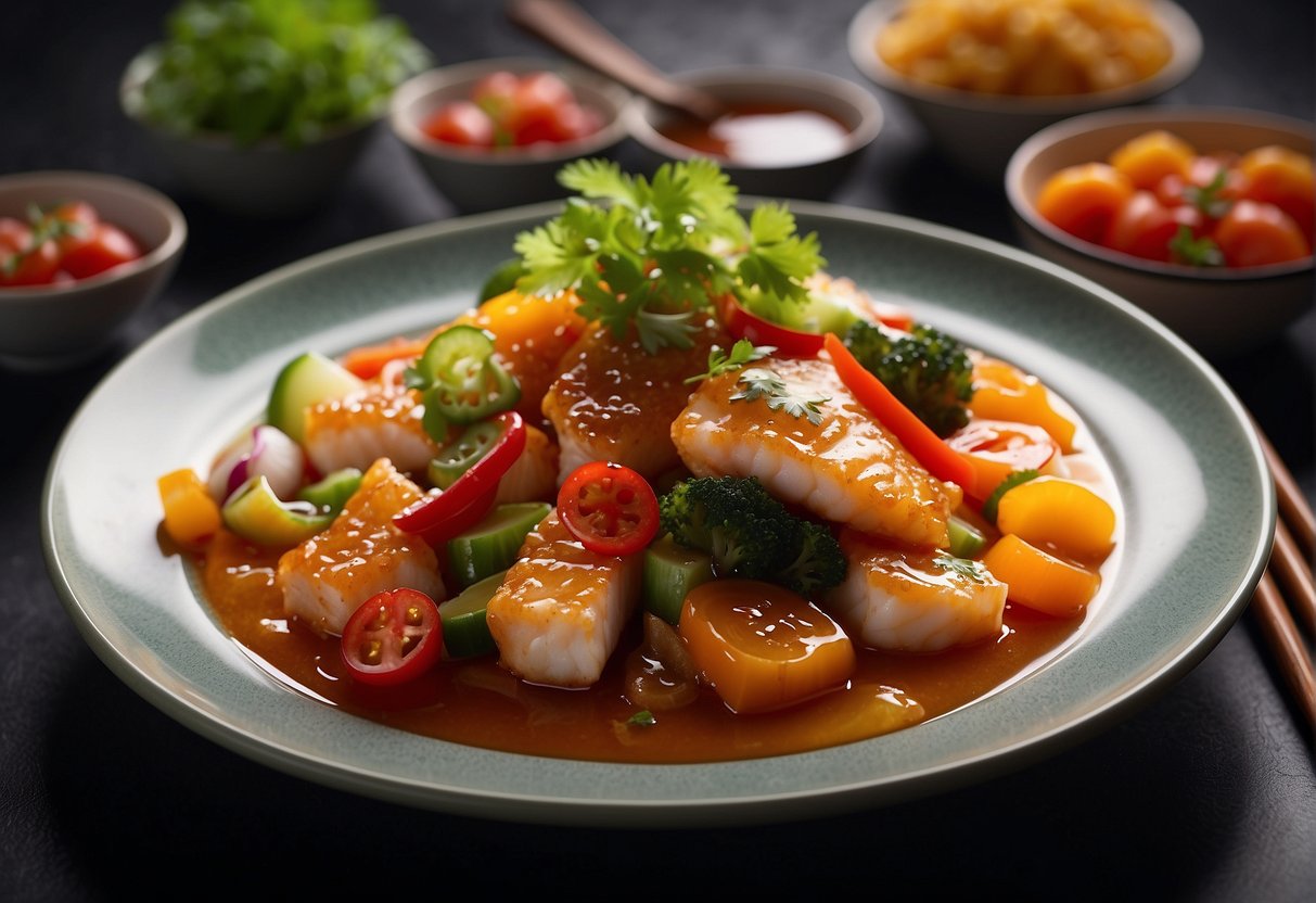 A steaming hot plate of sweet and sour fish, garnished with colorful vegetables and served in a traditional Chinese-style sauce