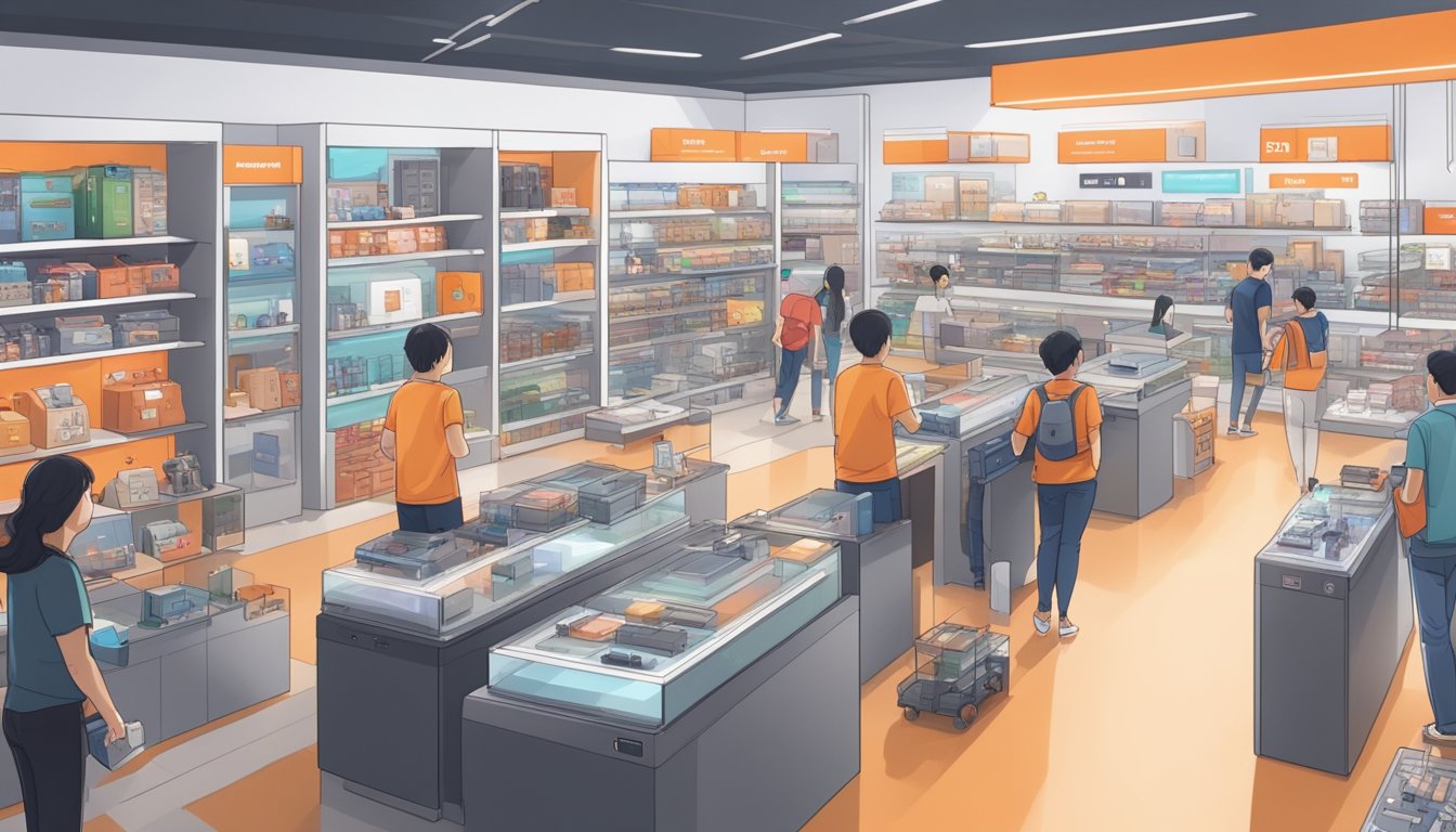 A bustling electronics store in Singapore displays the Xiaomi Roborock prominently on its shelves, with customers browsing and making purchases