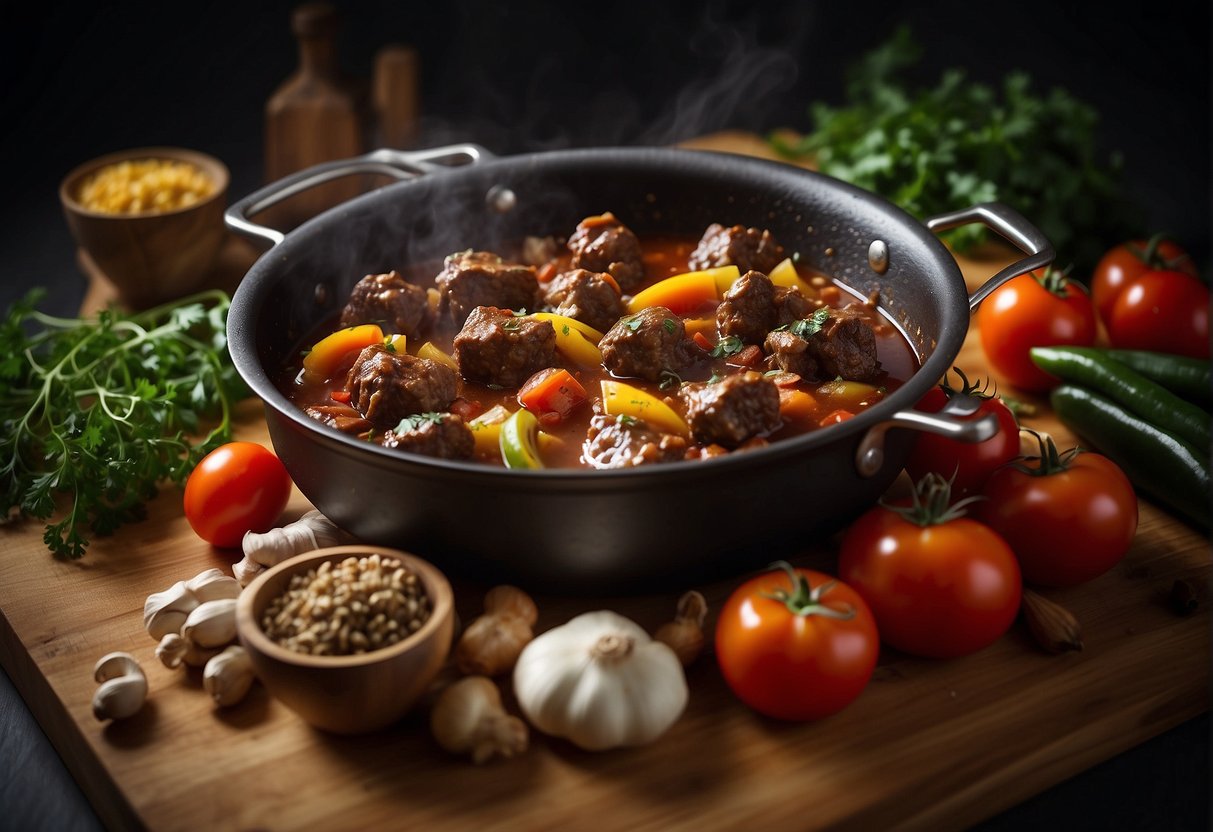 A large pot simmers on a stovetop, filled with oxtails, tomatoes, and aromatic spices. Nearby, a cutting board displays neatly chopped vegetables and a sharp knife