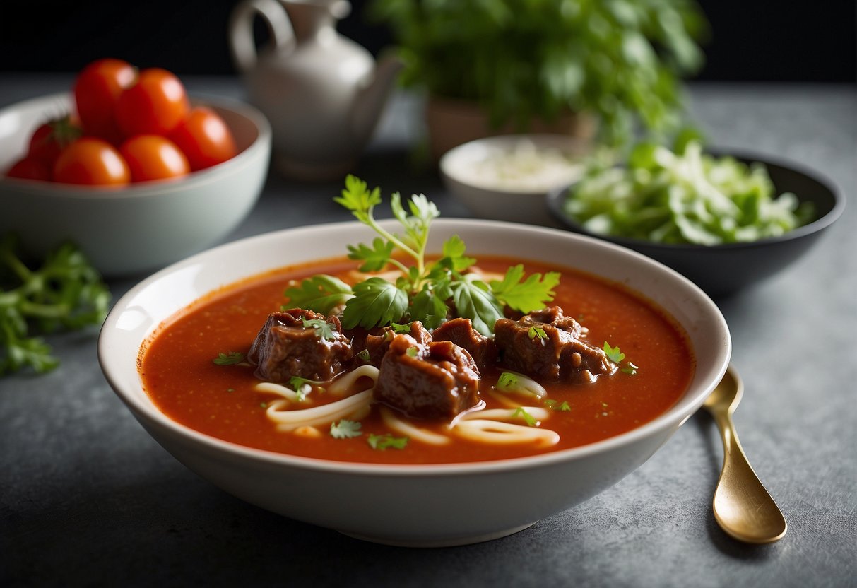 A steaming bowl of Chinese oxtail tomato soup with a rich, red broth, tender chunks of oxtail, and vibrant green garnishes