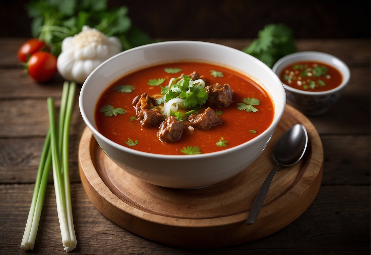 A steaming bowl of Chinese oxtail tomato soup sits on a rustic wooden table, garnished with fresh cilantro and sliced green onions. A pair of chopsticks rest beside the bowl