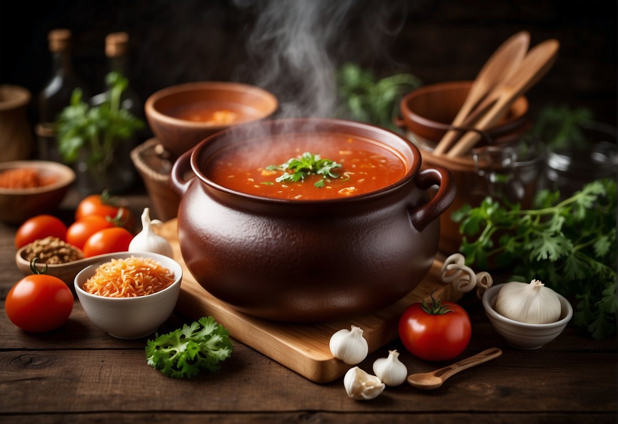 A steaming pot of Chinese oxtail tomato soup sits on a rustic wooden table, surrounded by fresh ingredients and cooking utensils