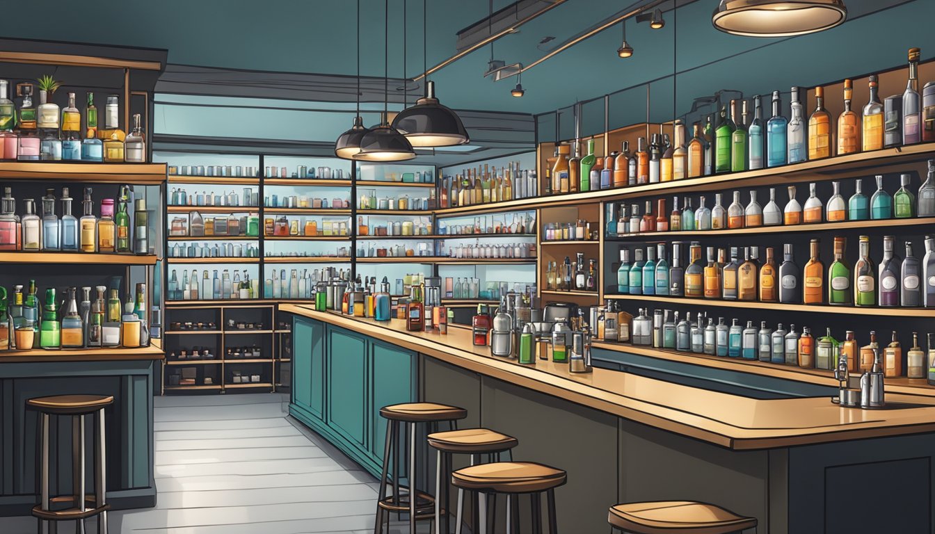 A well-stocked bar equipment store in Singapore with shelves lined with cocktail shakers, glassware, and mixers. Bright lighting and a clean, organized layout