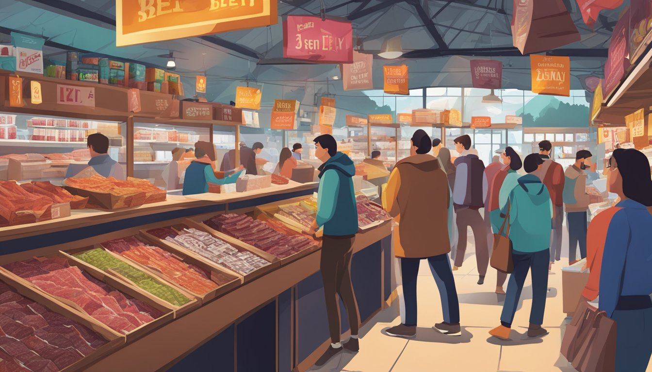 A bustling market stall displays an array of packaged beef jerky, with vibrant signage and eager customers browsing the selection