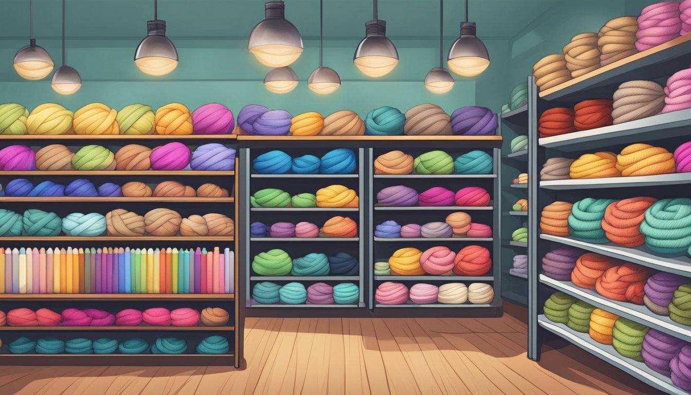 A cozy shop in Singapore sells colorful wool skeins and knitting supplies. Shelves are neatly stocked with different textures and yarn weights