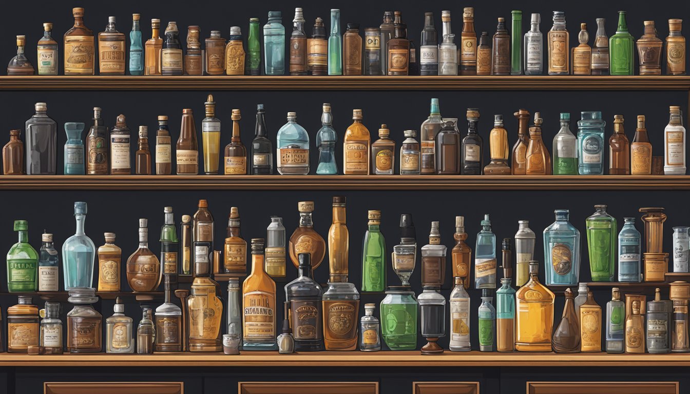 A cluttered bar counter displays shakers, jiggers, strainers, and stirrers. Bottles of bitters, syrups, and mixers line the shelves behind