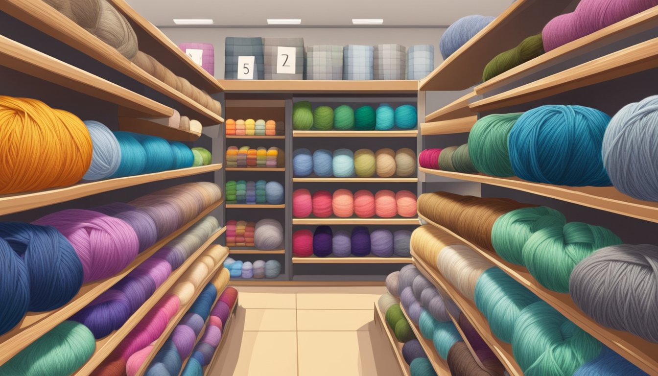 Various wool types and blends displayed in a Singaporean store. Shelves lined with colorful yarns and labels indicating prices and fiber content