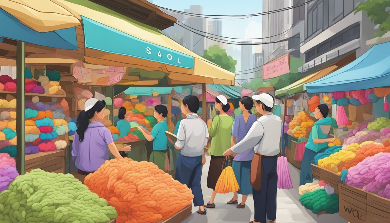 A bustling market stall with colorful bundles of wool, a sign reading "Wool for Sale" in Singapore. Customers ask questions to the vendor