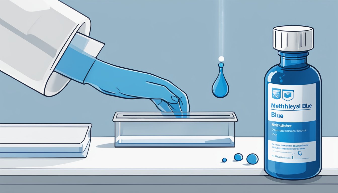 A hand reaches for a vial of methylene blue on a clean, white laboratory bench. The label is clear and the liquid inside is a deep, vibrant blue