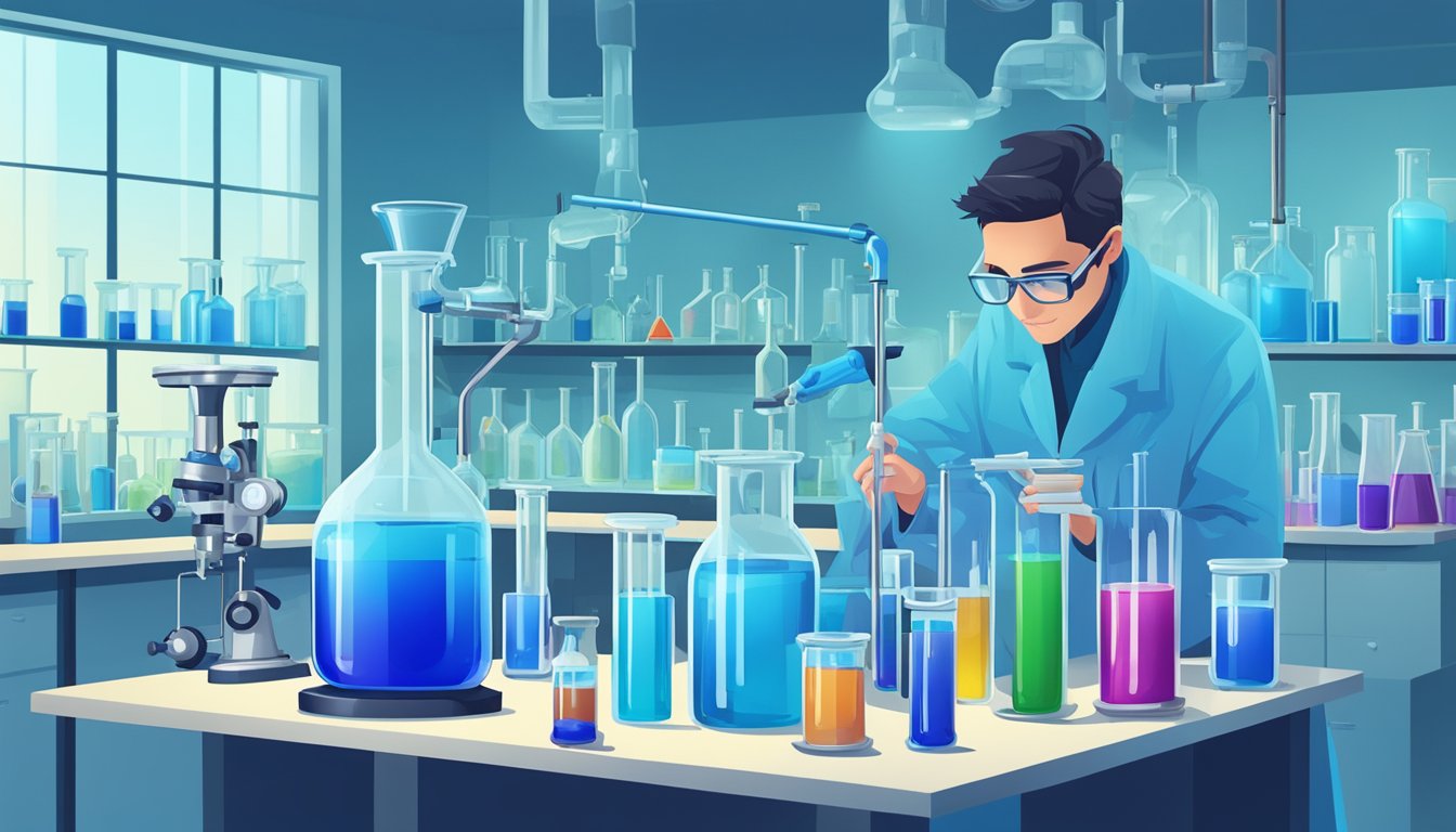 A laboratory setting with various glassware and equipment, including beakers, flasks, and test tubes filled with blue liquid. A scientist is conducting experiments, with the vibrant blue color of methylene blue standing out