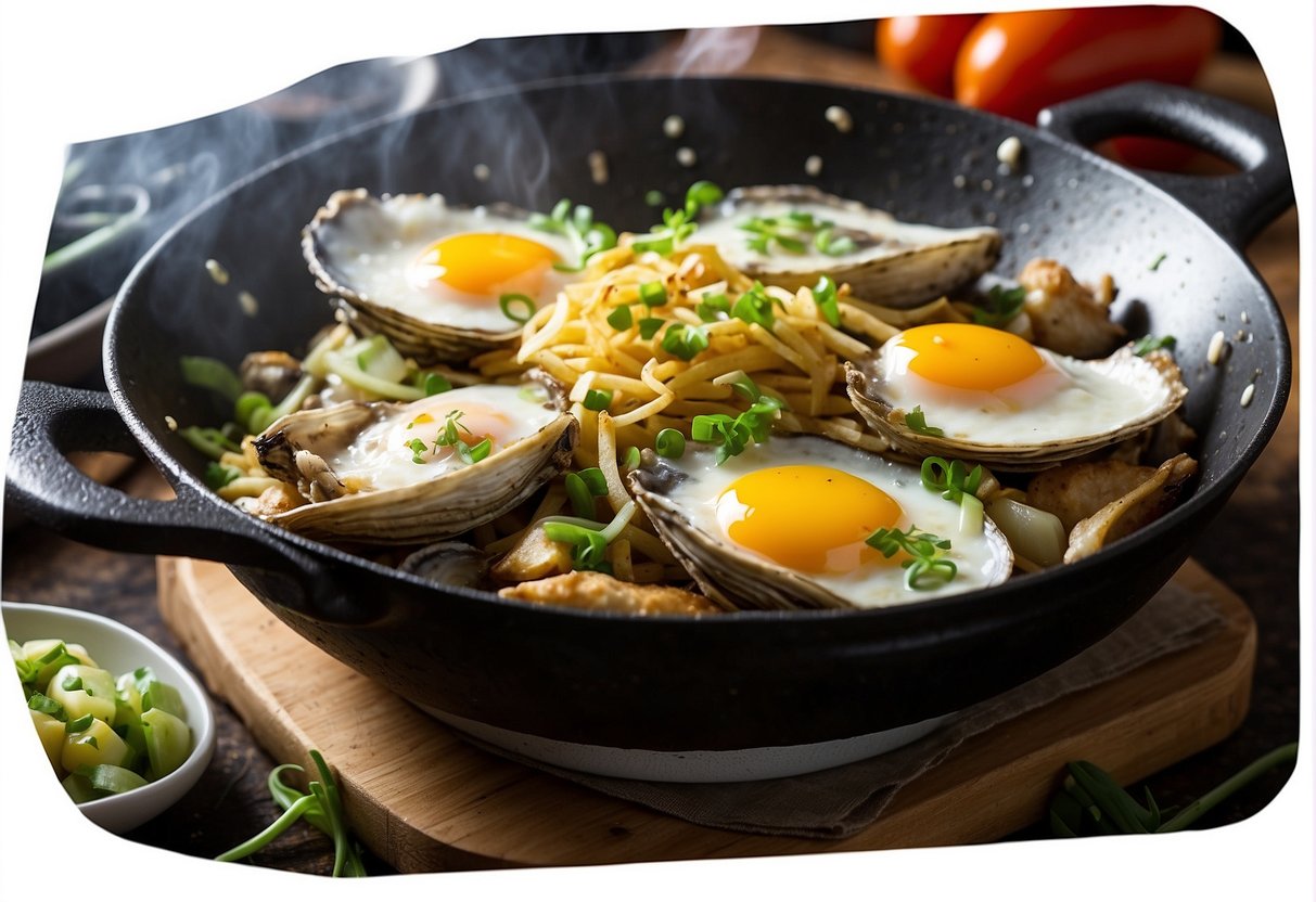 A sizzling wok fries eggs, oysters, and green onions. A splash of savory sauce adds a burst of flavor